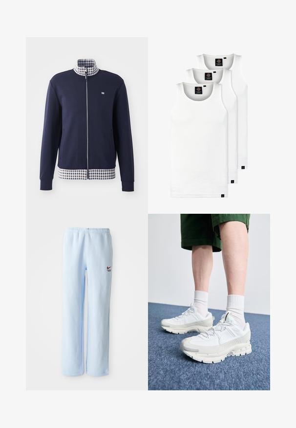 Chaqueta de cremallera en color marino con un alto collar, forro interior a cuadros en blanco y azul, y dobladillo a cuadros. Presenta bolsillos laterales y puños elásticos.; Tres camisetas sin mangas de algodón de color blanco con canalé. Cuentan con cuello redondo y pequeñas etiquetas negras cerca del dobladillo. Disponibles en múltiples tamaños.; Pantalones de chándal azul claro con una cintura elástica, que presentan un pequeño logo rojo de Nike y el texto "Departamento Atlético". Material de algodón suave.; Zapatillas deportivas blancas con superposiciones texturizadas, una suela gruesa y acentos grises. Llevadas con calcetines blancos hasta la pantorrilla y pantalones cortos verdes sobre una superficie azul.