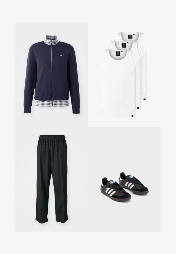 Sötétkék zipzáras dzseki magas gallérral, fehér és kék kockás bélés és kockás szegély. Oldalzsebekkel és elasztikus mandzsettákkal rendelkezik.; Három fehér csíkos pamut trikó. Felső része kerek nyakkivágású, és a szegély közelében kis fekete címkék találhatók. Több méretben elérhető.; Fekete sportnadrág rugalmas derékkal, sima anyagból készült, finom oldalvarrással és laza illeszkedéssel, egyenes lábdesignnal.; Fekete sportcipők, velúrból és szintetikus anyagból készült felsőrésszel, három fehér csíkkal, textúrázott gumitalppal és kék logó címkével a nyelvén.