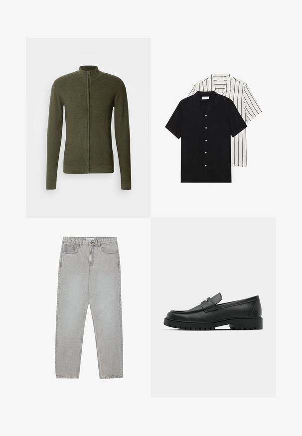 Khakigrüner Reißverschluss-Pullover mit hohem Kragen, aus strukturiertem Strickstoff, mit langen Ärmeln und taillierter Silhouette.; Zwei kurzärmelige Hemden: eines ganz schwarz, das andere weiß mit schwarzen vertikalen Streifen. Beide verfügen über Knopfverschlüsse und einen klassischen Kragen.; Helle graue Jeanshose mit gerade geschnittenem Design, Fünf-Taschen-Stil und Knopfverschluss. Sichtbare Nähte entlang der Seitennähte.; Schwarze Lederloafer mit runder Zehenform, ausgestattet mit einem gesteppten Design, niedrigem Plattformsohle und einer strukturierten, genoppten Gummisohle.