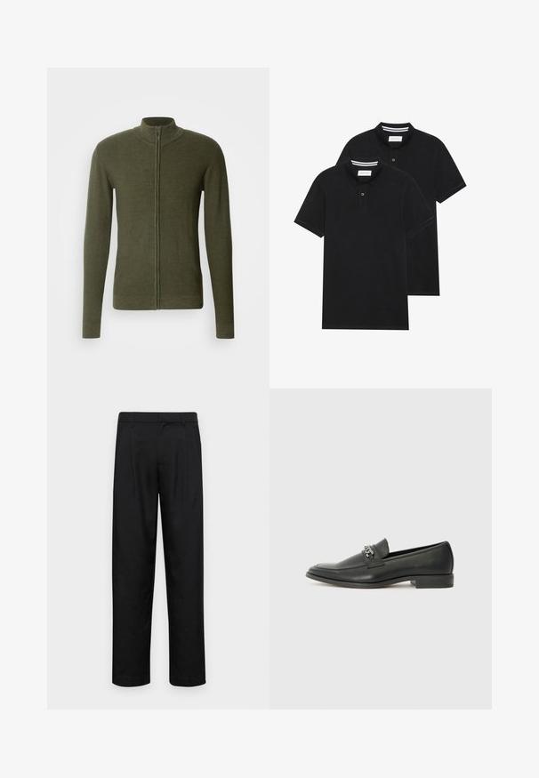 Kaki zeleni zip-up pulover z visokim ovratnikom, izdelan iz teksturirane pletenine, s dolgimi rokavi in prilagojenim silhueto.; Dve črne polo majice, kratke rokave, iz bombažnega materiala, z klasik ovratnikom, dvobodno zaponko in belimi črtkami znotraj ovratnika.; Črne hlače iz gladkega materiala, s krojem ravne noge, dvema sprednjima pregiboma in standardnim pasom z zankami za pas.; Črni usnjeni loafer z gladko površino, ki ima šivano zasnovo in dekorativni kovinski verižni naglas preko vampirja. Ravno peto.