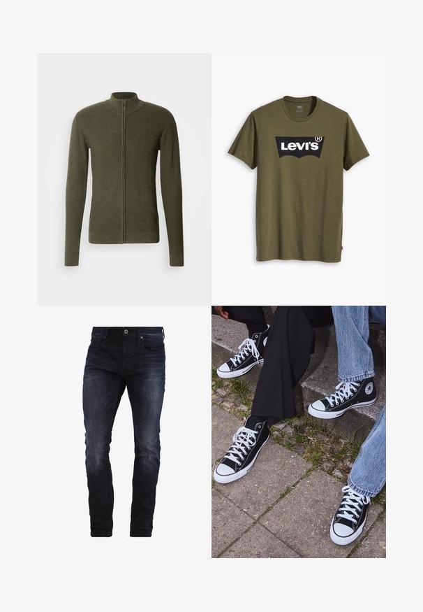Maglione verde khaki con zip e colletto alto, realizzato in tessuto a maglia testurizzato, con maniche lunghe e silhouette aderente.; T-shirt di cotone verde oliva con un grande logo Levi's nero in una forma semi-arcuata a contrasto sul petto. Vestibilità regolare.; Jeans slim-fit blu scuro con leggera scoloritura su cosce e ginocchia, dotati di tasche frontali, passanti per la cintura e chiusura a bottone.; Sneakers alti neri in tela con suole e lacci bianchi, dotati di un logo circolare di lato e abbinati a pantaloni in denim e neri.