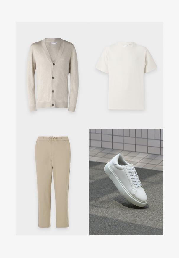 Cárdigan beige con escote en V, cinco botones oscuros en la parte delantera, puños acanalados y dobladillo. Elaborado con una tela suave y ligera.; Camiseta blanca de manga corta en textura acanalada. Cuello redondo, corte relajado, sin patrones ni acentos visibles. Diseño simple y versátil.; Pantalones de lounge beige con cinturilla elástica y cordón, que presentan un diseño de pierna recta y una textura suave y lisa.; Zapatilla de cuero blanca con una superficie lisa, punta redonda y cordones blancos planos. Presenta una suela de goma texturizada y elementos de diseño mínimos.