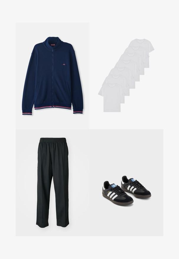 Casaco azul-marinho com fecho éclair e gola alta, com punhos e bainha canelados, apresentando detalhes em riscas vermelhas e brancas; feito de um material suave e texturizado.; T-shirts brancos de algodão, mangas curtas, design de gola redonda, com textura lisa, empilhados em fila, com uma marcação subtil na gola.; Calças atléticas pretas com um cós elástico, feitas de tecido suave, com costuras laterais discretas e um ajuste descontraído, design de perna reta.; Sneakers pretos com parte superior em camurça e sintético, apresentando três riscas brancas, sola de borracha texturizada e etiqueta azul no linguete.