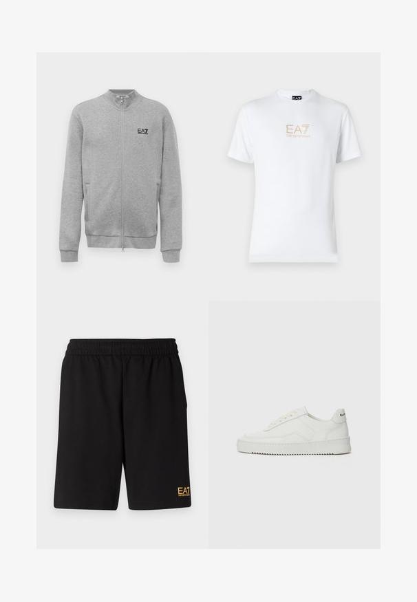 Világosszürke zipzáras pulóver, bal mellen EA7 Emporio Armani logóval, oldal zsebekkel és bordás mandzsettákkal, valamint aljjal.; Fehér pamut póló, kerek nyakkivágással és rövid ujjakkal, az elején arany EA7 Emporio Armani logóval nyomtatva.; Fekete sportnadrág puha anyagból, rugalmas derékkal és egy kis sárga EA7 logóval a bal alsó lábszáron.; Fehér bőr sportcipő sima felülettel, kerek orral, lapos fűzőkkel és texturált talppal. Finom logó található a sarokon.