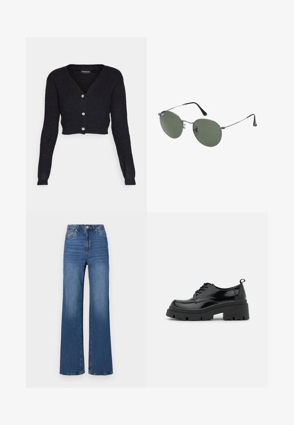 Μαύρο κοντό ζακέτα με μακριά μανίκια, ραβδωτή υφή, V-λαιμόκοψη και τέσσερις διακοσμητικούς κουμπιά μπροστά. Φτιαγμένο από μαλακό υλικό.; Δύο αμάνικα μπλουζάκια σε μαύρο και λευκό χρώμα, φτιαγμένα από ραμμένο βαμβάκι, με στρογγυλά ντεκολτέ και εφαρμοστό σχέδιο. Ορατές ετικέτες και στα δύο.; Υψηλής μέσης, φαρδιά τζιν παντελόνια μπλε χρώματος από ντένιμ, με κλασικό σχέδιο πέντε τσέπες και διακριτική φθορά κατά μήκος των ποδιών.; Μαύρα παπούτσια από πατέντα δέρμα με χοντρή σόλα πλατφόρμας και παχιά κορδόνια. Στρογγυλή μύτη, ελάχιστες λεπτομέρειες και μια μικρή θηλιά στο πίσω μέρος.; Σαπούνια κατασκευασμένα από μέταλλο με οβάλ πράσινους φακούς. Λεπτό ασημένιο μεταλλικό πλαίσιο και μαύρα ακροφύσια. Μινιμαλιστικός σχεδιασμός, χωρίς ορατά λογότυπα.