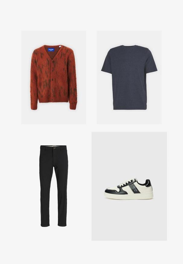 Jack & Jones JORHARRY CARDIGAN - Cardigan - brown; Tricou albastru marin cu guler rotund, fabricat dintr-un amestec de bumbac moale, cu mâneci scurte și o croială obișnuită. Fără modele sau accente vizibile.; Pantaloni negri din bumbac cu un croi slim, având închidere cu nasture, buzunare și manșete răsturnate pentru un aspect casual.; Tenisi din piele cu un scheme de culori negru și crem, dotati cu accente perforate, guler căptușit și o talpă texturată.