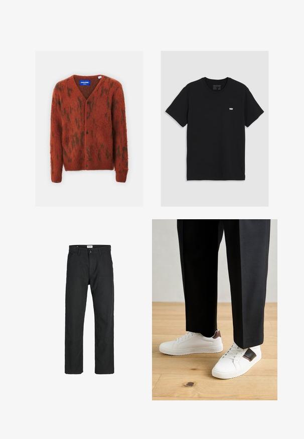 Jack & Jones JORHARRY CARDIGAN - Kardigan - brown; Must mustaga T-särk lühikeste varrukatega, ümar kaelus, rinnal on väike valge Levi'si logo, sile tekstuur, klassikaline lõike.; Mustad mustad, mis on valmistatud vastupidavast kangast, sirge jala disainiga, õmmeldud detailidega ja kahe eesmise taskuga funktsionaalsuse jaoks.; Valged sneakersid siledat tekstuurist, millel on pruunad nahast detailid ja mustad aksessuaarid, millele on sobitatud mustad kohandatud püksid. Puitpõranda taust.