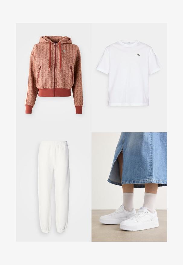 Kratká mikina s kapucňou v terakotovej farbe s geometrickým vzorom, plný zips, dve postranné vrecká na zips a kontrastné pruhy na rukávoch.; Biela bavlnená tričko s okrúhlym výstrihom a krátkymi rukávmi. Obsahuje zelené vyšívané logo na hrudi. Mäkka textúra, voľný strih.; Biele tepláky vyrobené z mäkkej pletenej tkaniny. Elastický pás a manžety zabezpečujú uvoľnené nosenie. Minimalistický dizajn, bez viditeľných vzorov alebo akcentov.; Biele tenisky z textúrovanou kožou, s platformovou podrážkou, okrúhlou špičkou a šnurovaním; v kombinácii so svetlošedými členkovými ponožkami a džínsovou sukňou.