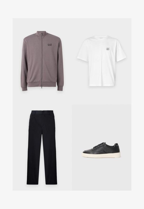 EA7 Emporio Armani TRAIN CORE - Felpa con zip - volcanic glass; T-shirt bianca in cotone con maniche corte, colletto tondo e un piccolo logo grigio nella zona sinistra del petto. Texture liscia.; Pantaloni neri realizzati in un tessuto leggero e strutturato, con taglio dritto, vita elasticizzata e tasche laterali con zip.; Sneaker in pelle nera con finitura texturizzata, punta rotonda e suola piatta in gomma bianca. Presenta lacci neri e un logo sul tallone.