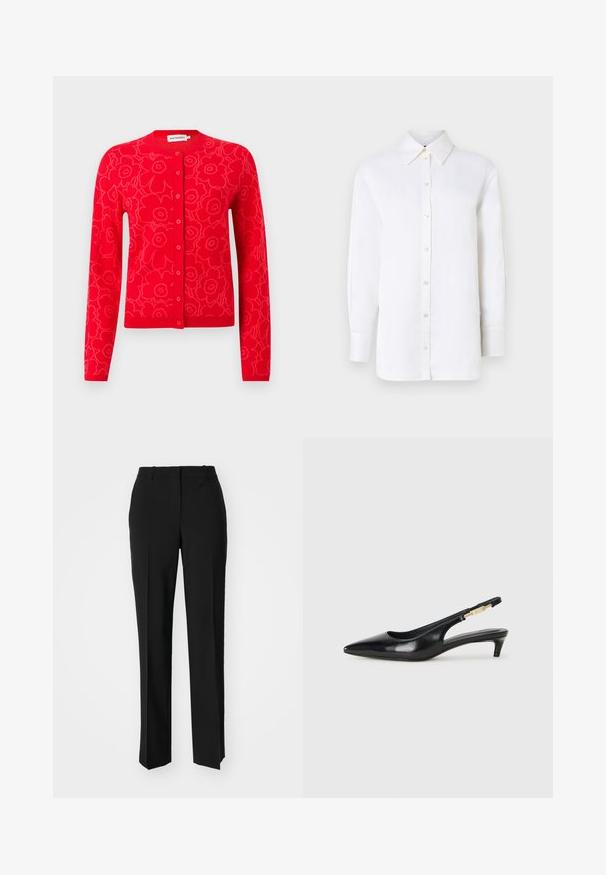 Rode gebreide cardigan met bloemmotief, ronde hals en knoopsluiting. Lange mouwen en geribbelde boorden en zoom.; Witte linnen overhemd met een puntkraag, lange mouwen en knoopsluitingen. Heeft een ontspannen pasvorm en een gladde textuur.; Zwarte op maat gemaakte broek met een recht model, voorzien van een soepele textuur en scherpe plooien aan de voorkant. Geen zichtbare hardware.; Zwarte leren slingback hakken met een spitse neus, voorzien van een slanke hak en een goudkleurige accent op de verstelbare band. Gladde textuur.