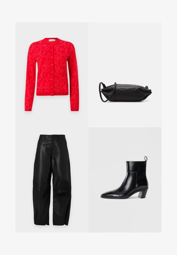 Punainen neulottu neulejakku, jossa on kukkakuvio, pyöreä pääntie ja napitus. Pitkät hihat sekä resorit hihansuissa ja helmassa.; Musta pusero, jossa on pitkät läpinäkyvät hihat, etupuolella pleateja ja kerroksellinen kankainen kukka-akseltti vasemmalla olkapäällä. Napitus kaulassa.; Mustat nahkahousut, joissa on löysä istuvuus, suora lahje, etutaskut ja näkyvät ompeluyksityiskohdat.; Musta nahkainen nilkkuri, jossa on terävä kärki, geometrinen pinoettu korko ja vetotappi takana. Sileä pinta ja tyylikäs muotoilu.; Musta nahkainen kukkaro, jossa on suorakaiteen muoto, sileä pinta, ohut olkahihna ja minimalistinen muotoilu.