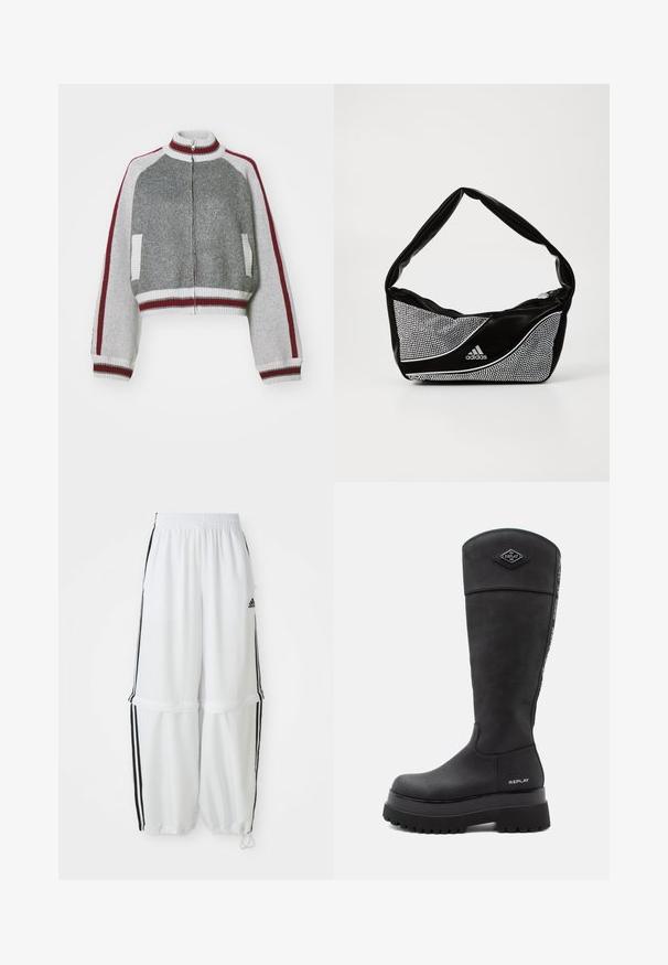 Gray cropped jacket with a high collar, full zipper, white ribbed cuffs and hem, and maroon shoulder and side stripes. Textured fabric.; White crop top made of cotton with a smooth texture. Features narrow straps and a small black logo of "The North Face" on the chest.; White athletic pants with a relaxed fit, elastic waistband, and black side stripes. Features zipper pockets and elastic cuffs at the ankles.; Black knee-high leather boot with thick lug sole, "Replay" logo near heel and at top front, and branded strip running down the back.; Black and silver adidas handbag with a smooth texture, featuring a shiny studded pattern and a distinctive curved design.