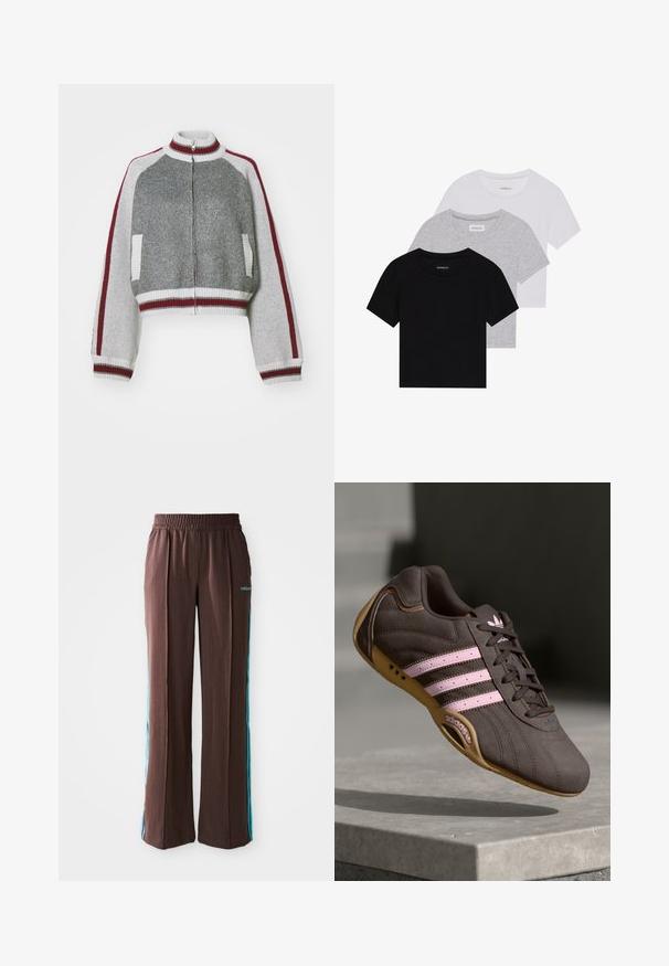 Šedá zkrácená bunda s vysokým límcem, plným zipem, bílými žebrovanými manžetami a lemem a vínovými pruhy na ramenech a bocích. Texturovaná látka.; Sada tří triček s krátkým rukávem v černé, šedé a bílé barvě. Vyrobena z bavlny, s kulatým výstřihem a jednoduchým jednobarevným designem.; Hnědé sportovní kalhoty s jemnými pruhy, elastickým pasem a tyrkysovými bočními pruhy. Na přední straně se nachází logo adidas.; Hnědé semišové sportovní boty s růžovými pruhy a logem, s texturovaným svrškem, šněrováním a gumovou podrážkou.