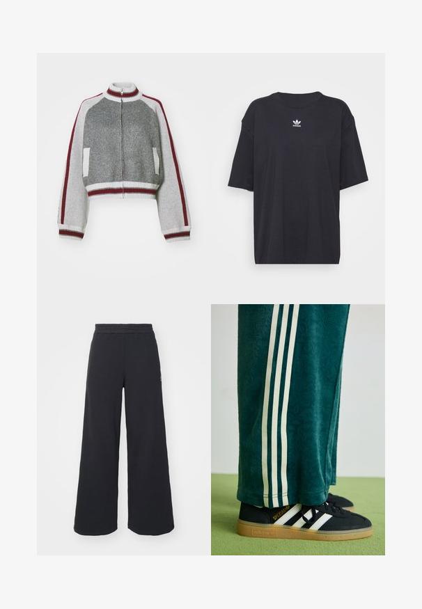 Grå kort jacka med hög krage, full hosdragning, vita ribbade muddar och fåll, samt vinröda axel- och sidostråk. Texturerad tyg.; Svart bomullströja med korta ärmar, rund halsringning, har en vit Adidas-logotyp på bröstet. Enkel design, avslappnad passform.; Svarta vida sweatpants tillverkade av mjukt tyg, med ett elastiskt midjeband och en liten logotyp på vänster sida.; Gröna strukturerade byxor med vita sidostriper, i kombination med svarta Adidas-sneakers med tre vita striper och en gummisula.