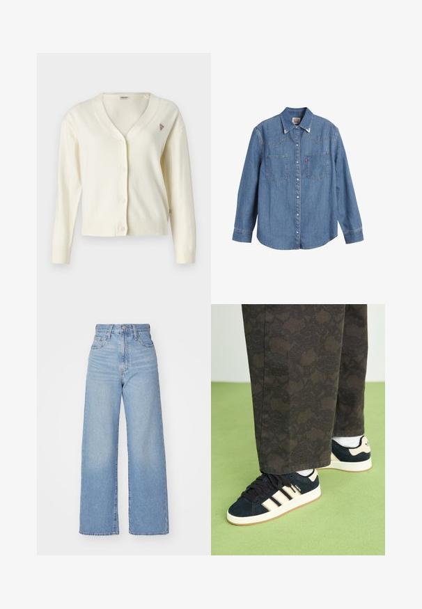 Cremfarbener Cardigan mit V-Ausschnitt, Knopfleiste, langen Ärmeln, gerippten Bündchen und Saum. Mit einem kleinen dreieckigen Logo auf der Brust.; Hellblaues Denim-Hemd mit langen Ärmeln, spitzem Kragen, zwei Brusttaschen und kontrastierenden Nähten. Verfügt über ein Design mit Westernstil-Yoke.; Hellblaue High-Waist-Weite-Leg-Jeans mit Knopf- und Reißverschluss vorne, Vorder- und Rückentaschen, auf weißem Hintergrund.; Schwarze und gemusterte Hosen kombiniert mit marineblauen Wildledersneakern, die cremefarbene Streifen und weiße Sohlen haben. Die abgebildeten Oberflächen sind strukturiert und flach.