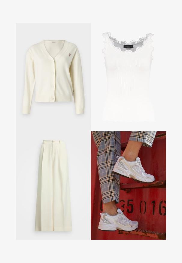 Crème cardigan met een v-hals, knoopsluiting, lange mouwen, geribbelde manchetten en zoom. Bevat een klein driehoekig logo op de borst.; Witte geribbelde tanktop met kantafwerking op de halslijn en mouwen. Het heeft een zachte textuur en een fitted vorm. Merklabel zichtbaar aan de binnenkant.; Brede broekspijpen in off-white stof, met een hoge taille, dubbele plooien en een knoopsluiting. Soepele textuur en een nette pasvorm.; Witte mesh sneakers met zilveren accenten en een gestructureerde zool, gepositioneerd op een rode ondergrond, gecombineerd met gestreepte broek.