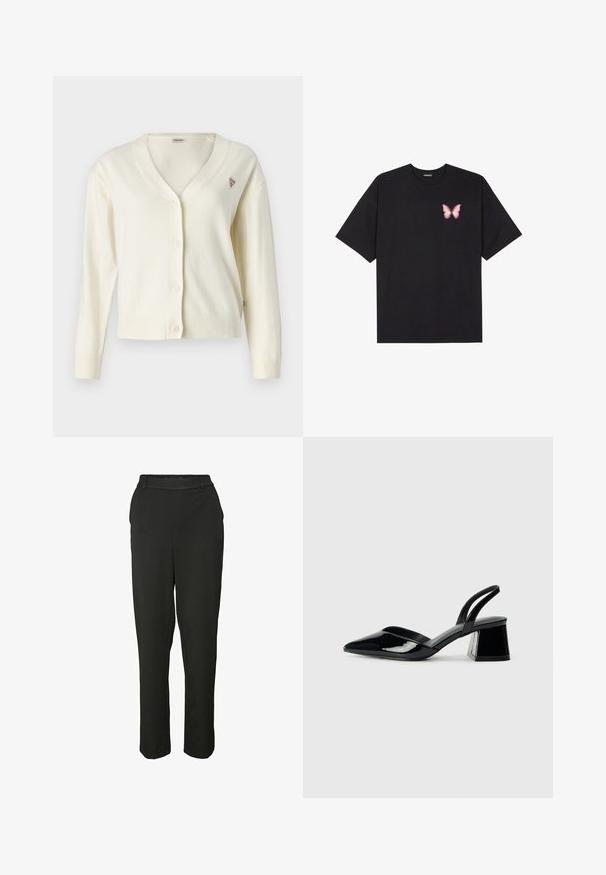 Cardigan en crème avec un décolleté en V, bouton devant, manches longues, poignets et ourlet côtelés. Présente un petit logo triangulaire sur la poitrine.; T-shirt en coton noir à manches courtes, avec un petit graphique de papillon rose sur la poitrine gauche. Modèle à col rond avec une coupe décontractée.; Pantalon noir ajusté en tissu lisse, avec une coupe droite, des passants de ceinture et une taille mi-haute. Pas d'accents ou de motifs visibles.; Escarpins en cuir verni noir avec bout pointu et talon bloc géométrique. Présente un design élégant et minimaliste ainsi qu'une texture lisse.