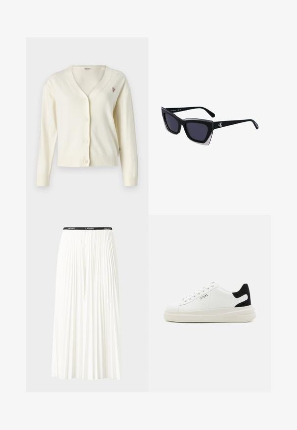 Kremfarget cardigan med v-hals, knappestolpe, lange ermer, ribbede mansjetter og nederkant. Har et lite trekantet merke på brystet.; Koftet laget av bomull har horisontale marineblå striper på hvit bakgrunn. "Tommy Hilfiger" brodert i kursiv på brystet. Rund hals.; Plissert hvit skjørt med en svart elastisk midje som har "LACOSTE"-logoen. Midjelengde design med myk tekstur.; Hvite lær sneakers med tykk hvit såle, svart semsket hælforsterkning og preget logo på siden. Snøresystem med seks hull.; Store svarte solbriller i overdimensjonert størrelse med geometrisk form, med mørke linser og en kontrasterende grå detalj på rammen. Logo på armen.
