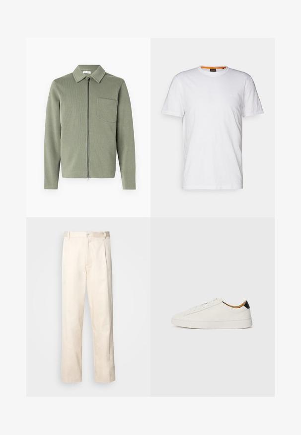 Knit zip jacket in muted green, featuring a collared neck, long sleeves, a front pocket, and a ribbed texture.; White cotton T-shirt with a crew neck, short sleeves, and a subtle embossed logo on the chest. Interior tag has an orange accent.; Beige cotton trousers with a straight-leg cut, featuring a button closure and pleats at the front for added detail.; White sneaker with a smooth leather upper, round toe, and flat sole. Black accent at the heel, featuring tonal laces and minimal branding.