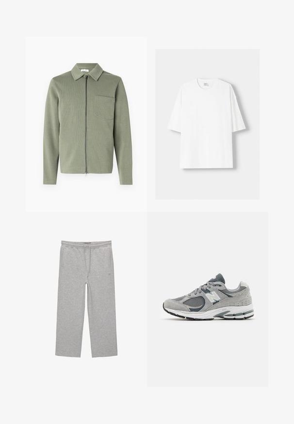 Gehaakte ritjack in gedempt groen, met een kraag, lange mouwen, een vo pocket en een ribbeltextuur.; Witte t-shirt met korte mouwen, gemaakt van katoen, met een ronde halslijn en een relaxte pasvorm. Gladde textuur, zonder zichtbare patronen of accenten.; Grijze katoenen loungebroeken met een elastische tailleband, trekkoord en twee zijzakken; rechte pijpen, zachte textuur, zonder patronen.; Grijze sneaker van mesh en suede materialenen, met een wit logo, gevoerde kraag en een geribbeld rubberen zool. Accentkleuren in donkerder grijs.