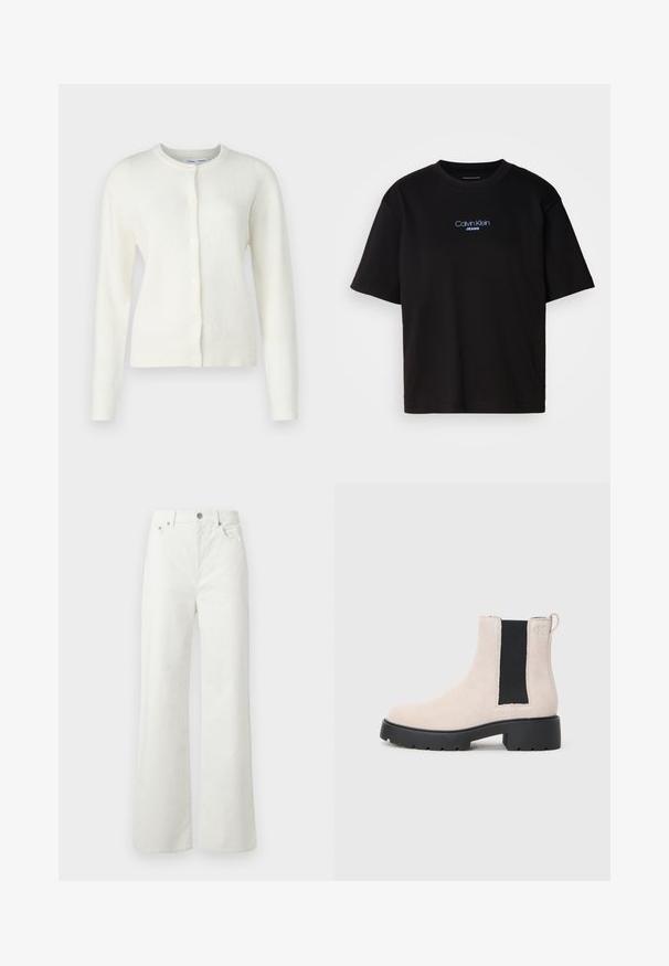 White cardigan in a soft, textured fabric. Features a round neckline, long sleeves, and front buttons for closure. Minimalistic design.; Black cotton t-shirt with a round neck, short sleeves, and blue embroidered "Calvin Klein JEANS" logo on the front.; Samsøe Samsøe SHELLY - Relaxed fit jeans - clear cream; Beige suede Chelsea boot with black elastic side panel, chunky black sole, and pull tab at ankle.