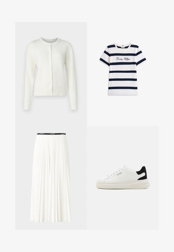 White cardigan in a soft, textured fabric. Features a round neckline, long sleeves, and front buttons for closure. Minimalistic design.; Cotton T-shirt with horizontal navy stripes on a white background. "Tommy Hilfiger" embroidered in cursive on the chest. Crew neckline.; Pleated white skirt with a black elastic waistband featuring the "LACOSTE" logo. Mid-length design with soft texture.; White leather sneakers with a thick white sole, black suede heel accent, and embossed logo on the side. Laced design with six eyelets.