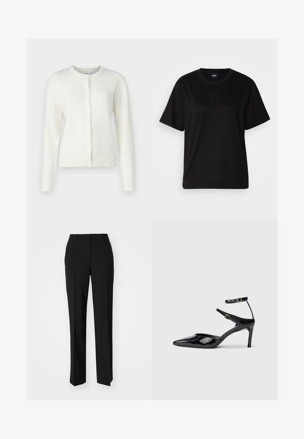 Cardigan bianco in un tessuto morbido e strutturato. Presenta un colletto rotondo, maniche lunghe e bottoni frontali per la chiusura. Design minimalista.; Maglietta in cotone nera con scollatura tonda, maniche corte e logo ricamato sul petto. Design semplice e vestibilità rilassata senza motivi.; Pantaloni neri su misura con un design a gamba dritta, caratterizzati da una texture liscia e pieghe ben definite sul davanti. Senza hardware visibile.; Décolleté in pelle eco-patent nera con punta affilata, cinturini alla caviglia regolabili e tacco sottile. Texture liscia con una finitura lucida.
