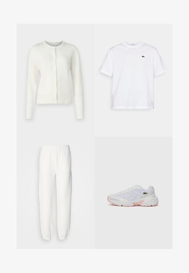 Bela cardigan iz mehke, teksturirane tkanine. Ima okroglo ovratnico, dolge rokave in sprednje gumbe za zapiranje. Minimalističen dizajn.; Bela bombažna majica s krožno ovratnikom in kratkimi rokavi. Ima zeleno vezeno logo na prsih. Mehka tekstura, sproščen kroj.; Bele trenerke iz mehke pletene tkanine. Elastičen pas in manšete zagotavljajo sproščen fit. Minimalističen dizajn, brez vidnih vzorcev ali poudarkov.; Bele športne čevlje z teksturirano mrežasto zgornjim delom, subtilnimi rožnatimi akcenti na podplatu in zelenim krokodilovim logotipom na strani.