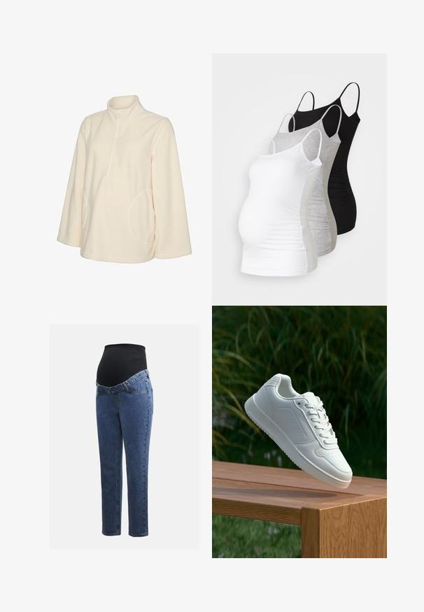 Fleece pullover in cream, featuring a high collar, quarter-zip front, and rounded hem. Two side pockets for added functionality.; Three maternity tank tops in white, gray, and black. Stretchy fabric with adjustable spaghetti straps and gathered side seams for comfort.; Maternity jeans with blue denim legs and a black stretchy abdominal panel designed to support and cover a growing belly.; White sneaker with a smooth synthetic upper, perforated toe box, flat laces, and a textured sole, displayed on a wooden surface.
