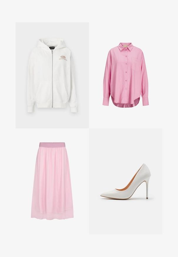 Balta kapucēta džempera jaka, izgatavota no mīksta auduma, ar priekšējo logotipu "EVERYDAY AMBITION" gaismas brūnā krāsā. Ietver kangaru kabatas un ribotās aproces.; Gaišs rozā pogātās krekls ar apkakles kakla izgriezumu, garām piedurknēm, vienu krūšu kabatu un nedaudz izliekta apakšmalu. Audums izskatās mīksts.; Rozā tülļa svārki ar mīkstu, caurspīdīgu dizainu. Izceļas ar elastīgu jostasvietu un plūstošu siluetu, radot slāņu efektu.; Balti lakoti ādas augstpapēžu apavi ar norādītu pirkstu un slaidu stilētu papēdi, ar gludu tekstūru un bēgļu iekšpusi.