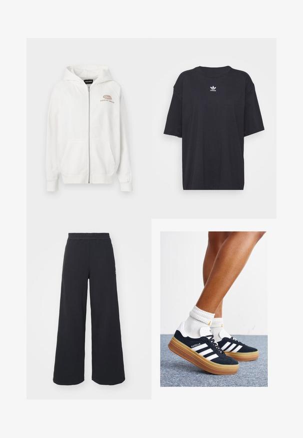 Fehér, cipzáras kapucnis pulóver, puha anyagból készült, elülső logóval, amelyen "EVERYDAY AMBITION" világosbarna színben szerepel. Kangaroo zsebekkel és bordázott mandzsetta részletekkel rendelkezik.; Fekete pamut póló rövid ujjakkal, kerek nyakkivágással, mellkason fehér Adidas logóval. Egyszerű dizájn, laza fazon.; Fekete, bő szárú melegítőnadrág, puha anyagból készült, rugalmas derékkal és egy kis logóval a bal oldalon.; Fekete velúr sportcipő fehér csíkokkal és díszítésekkel, lekerekített orral, gumitalpú külső résszel, fehér bordázott bokazoknival párosítva.