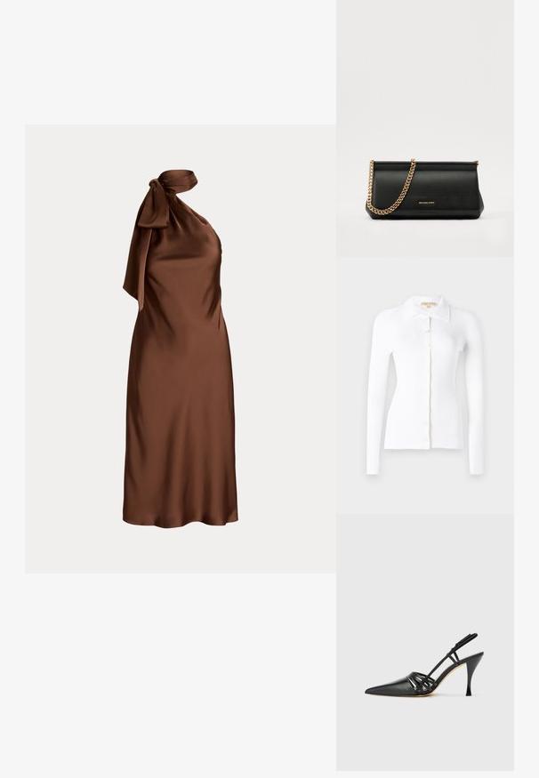 Bela rebrasta kardigan z dolgimi rokavi, gumbnim zapiranjem spredaj in klasičnim ovratnikom. Mehak teksturiran material in prilegajoč dizajn. Izraziti detajli gumbov.; Lauren Ralph Lauren SATIN CHARMEUSE TIE NECK COCKTAIL DRESS - Koktajl obleka/za zabavo - dark terracotta; Črne usnjene visokoodporne čevlje s peto in koničastim prstom, zasnovo križnega traku in vitko stileto peto. Gladka tekstura in minimalni poudarki.; Črna usnjena torbica z zlatim verižnim trakom, z gladko teksturo, pravokotno obliko in embosiranim logotipom spredaj.