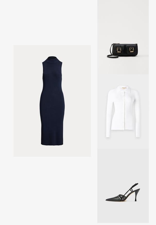 Bijela rebrasta kardigan s dugim rukavima, prednjim kopčanjem na gumbe i klasičnim ovratnikom. Mekana tekstura i prilagođen dizajn. Istaknuti detalji s gumbima.; Tamnoplava haljina bez rukava s rebrastim uzorkom, visokim ovratnikom i tijesnim krojem, izrađena od teksturiranog pletenog materijala.; Crne kožne cipele na visokom potpeticu s otvorenim potpeticama, šiljastim prstom, dizajnom s križnim trakama i tankim štiklama. Glatka tekstura i minimalni akcenti.; Crna kožna torba preko ramena s dva prednja džepa, zlatnim kopčama, zatvaranjem na zip i uskim remenom. Teksturirana površina i kompaktan pravokutan oblik.