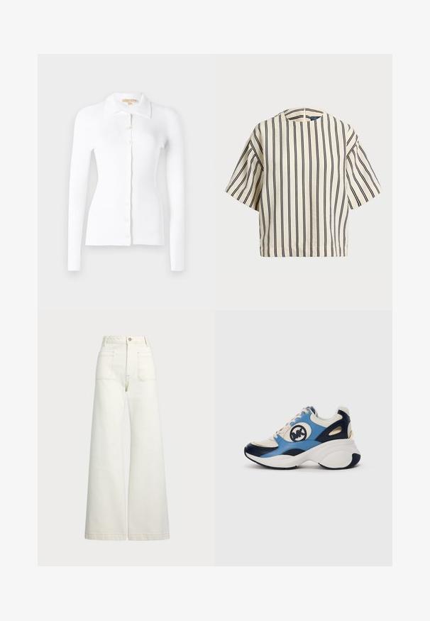 Cárdigan blanco de canalé con mangas largas, frente abotonado y un cuello clásico. Textura suave y diseño ajustado. Detalles de botones prominentes.; Top de manga corta a rayas en crema y azul marino, con cuello redondo y un diseño cuadrado, confeccionado en una tela texturizada.; Jeans de pierna ancha en denim color blanco roto. Diseño de cintura alta con cierre de botón, dos bolsillos frontales y detalles de costura en contraste.; Zapatillas de ante en blanco, azul marino y azul claro con una suela gruesa y un logo bordado circular en el lateral.
