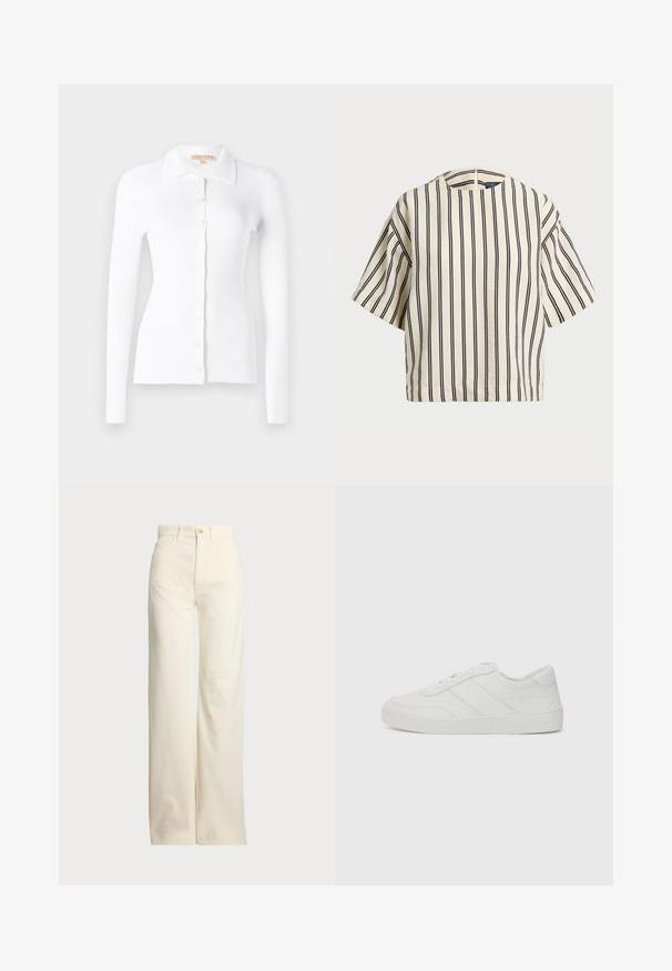 Hvit ripplet cardigan med lange ermer, knapplukking foran, og klassisk krage. Myk tekstur og tettsittende design. Fremtredende knappdetaljer.; T-skjorte med korte ermer, stripet i kremfarge og marineblå, med rund hals og en boxy design i en strukturert stoff.; Polo Ralph Lauren COTTON CORDUROY WIDE-LEG PANT - Bukse - warm white; Hvit lær sneakers med flate lisser, avrundet tå og subtile sømdetaljer. Har en teksturert såle og preget merkevarelogo på hælen.