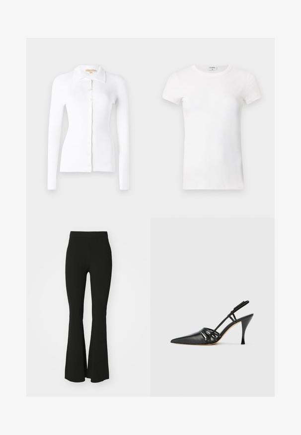 Witte geribde cardigan met lange mouwen, knoopsluiting aan de voorkant en een klassieke kraag. Zachte textuur en getailleerd ontwerp. Opvallende knoopdetails.; Wit geribd T-shirt met korte mouwen en een ronde hals. De stof lijkt glad met een getailleerde pasvorm. Logo zichtbaar op de kraag.; Zwarte flarepants van rekbare stof, met een hoge taille en een glad, onversierd oppervlak. Eenvoudig en aansluitend ontwerp.; Zwarte leren hoge hak slingback schoen met spitse neus, crisscross bandontwerp en slanke stilettohak. Smooth textuur en minimale accenten.