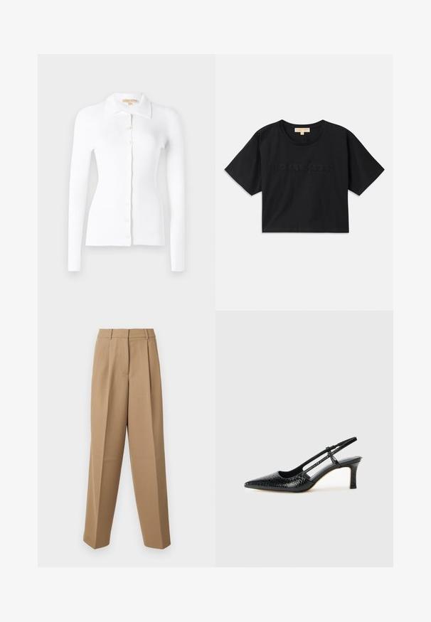 Biely rebrovaný kardigán s dlhými rukávmi, zapínaním na gombíky a klasickým golierom. Mäkká textúra a priliehavý strih. Výrazné detaily gombíkov.; Čierny skrátený tričko vyrobené z bavlny. Má okrúhly výstrih a krátke rukávy. "MICHAEL KORS" vyšitý v zodpovedajúcej farbe na prednej strane.; Krémové upravené nohavice s vysokým pásom, skladaným predkom a širokým strihom. Tkanina sa zdá byť hladká s jemným leskom.; Čierne patentové slingback topánky na ihlovom podpätku s špicatou špičkou, s textúrovaným hadím vzorom, nastaviteľným popruhom a krátkym, textúrovaným blokovým podpätkom.