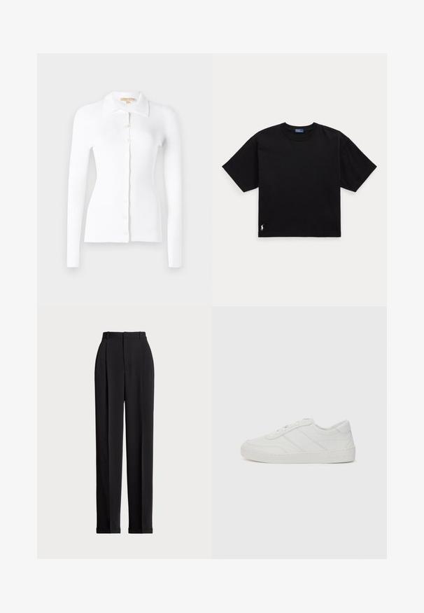 Balts ribots kardigans ar garām piedurknēm, pogu aizdare priekšā un klasiskā apkakle. Mīksta tekstūra un pieguļošs dizains. Izteiksmīgas pogu detaļas.; Melnā kokvilnas t-krekls ar īsām piedurknēm, apaļu kaklu un mazu baltu logo apakšējā kreisajā stūrī. Klasisks, taisnstūrveida piegriezums ar minimālu detaļu skaitu.; Melnas piegriezuma bikses ar augstu jostasvietu, priekšā ar krokām, taisna kāju dizains un ar aprocēm. Izgatavotas no gludas auduma.; Baltās ādas apavi ar plakaniem auklām, noapaļotu purngali un smalkiem šuvju elementiem. Iezīmēts ar teksturētu zoli un iespiestu zīmola logo uz papēža.