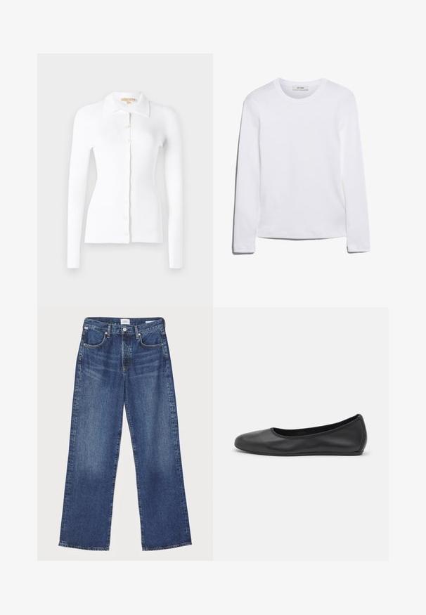 Valkoinen ribbattu villatakki, jossa on pitkät hihat, napitus etuosa ja klassinen kaulus. Pehmeä rakenne ja kiinteä muotoilu. Huomattavat napitus yksityiskohdat.; Pitkähihainen valkoinen T-paita, joka on valmistettu ribbitetystä puuvillasta, ja siinä on pyöreä kaula-aukko sekä suora helma. Yksinkertainen muotoilu ilman kuvioita tai yksityiskohtia.; Citizens of Humanity ANNINA - Straight leg -farkut - westwood dark indigo; Musta nahkainen ballerina, jossa on pyöristetty kärki, sileä pinta, minimaalinen ommelkoristelu ja joustava pohjamuotoilu.