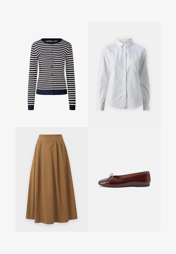 Cardigã às riscas azul-marinho e creme, feito de material de malha macio, com gola redonda, mangas compridas e fecho de botões na frente.; Camisa branca de botão feita de algodão suave, com colarinho clássico, mangas longas e bainha curva. Os botões são pequenos e brancos.; Saia A-line de algodão castanho com cintura alta, apresentando pregas na parte da frente e uma textura suave. As bordas da bainha são limpas e simples.; Bailarinas em couro sintético borgonha com bico redondo, pequeno laço na frente e sola baixa em borracha preta. Textura suave.