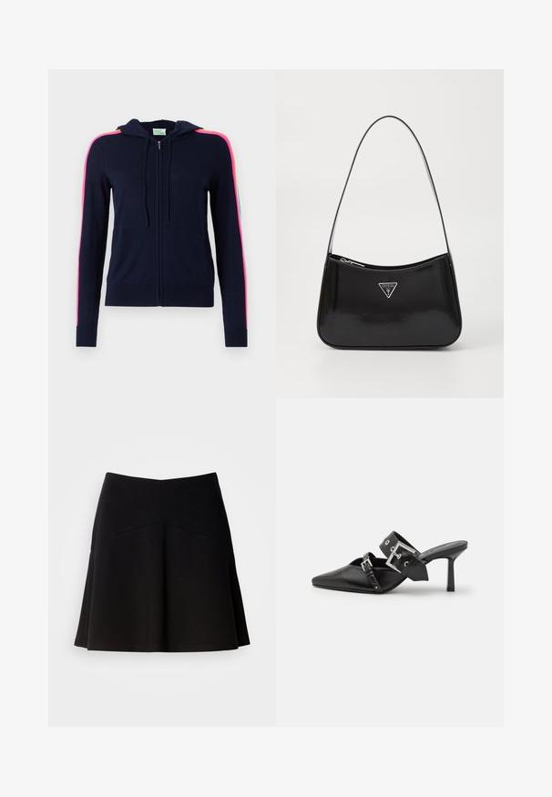 FROM FUTURE Jopica - navy; Bela srajca z dolgimi rokavi in gumbi, izdelana iz gladkega bombažnega mešanega materiala. Ima klasičen ovratnik, sprednje zapiranje na gumbe in zaokrožene manšete.; Črna široka krila, izdelana iz mehkega blaga, z oprijetim pasom in šivi. Gladka tekstura z enostavnim, klasičnim dizajnom.; Črne visoke mule s koničastim prstom, izdelane iz gladkega usnja. Imajo širok gleženjski trak s kvadratno srebrno zaponko in okraski.; Črna patentirana usnjena torba za ramo s krožno obliko, opremljena s srebrnim trikotnim logotipom in zadrgo. Gladka tekstura in ozka naramnica.