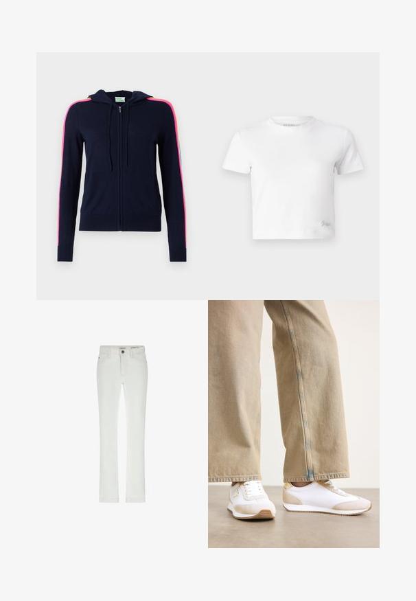 FROM FUTURE Kardiganas - navy; Balta trumpa marškinėlių suapvalinta iš lygios medvilnės, su aukštu iškirpimu ir trumpomis rankovėmis. Mažas išsiuvinėtas logotipas apatinėje kampe.; Balti džinsai su siauru siluetu, 5 kišenėmis ir kontrastingomis siūlėmis. Yra sagos uždarymas ir subtilus prekės ženklas ant liemens.; Baltos sportbačiai su smėlio spalvos zomšo akcentu, plokščiais raišteliais ir guminiais padais, derinami su šviesiais smėlio spalvos tiesiais džinsais.