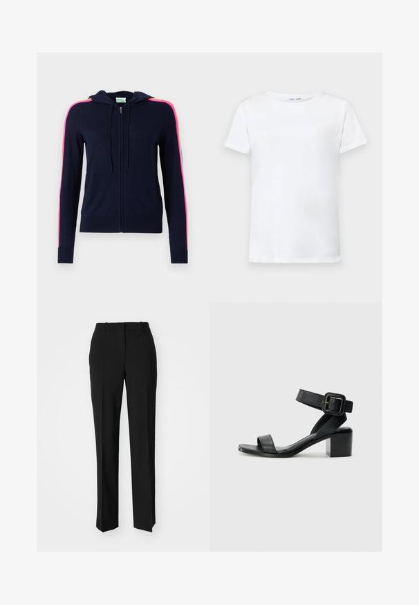 FROM FUTURE Cardigan - navy; Hvit kortermet t-skjorte laget av bomull med rund hals-design. Glatt tekstur og rett snitt, uten mønstre eller detaljer.; Sorte skreddersydde bukser med rett silhuett, med en glatt tekstur og klare pressede bretter foran. Ingen synlig maskinvare.; Svart lær hæl sandal med justerbar ankelstropp, åpen tå design og firkantet blokk hæl. Glatt tekstur, minimalistisk stil.