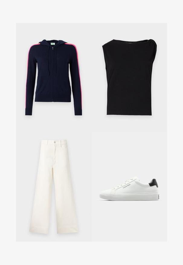 FROM FUTURE Kardigán - navy; Fekete, rövid ujjú felső, sima anyagból készült. Kerek nyakkivágással és redőzött részletekkel a vállon. Egyszerű, szoros fazon.; Világos bézs pamut széles lábú nadrág. Magas derék, elülső zsebek és egyenes vonalú fazon jellemzi. Tiszta, mintázat nélküli hem befejezés.; Fehér sneaker sima felülettel, fekete sarok akcentussal és fűzős dizájnnal. Oldalán "Calvin Klein" márkázás található. Minimalista stílus.