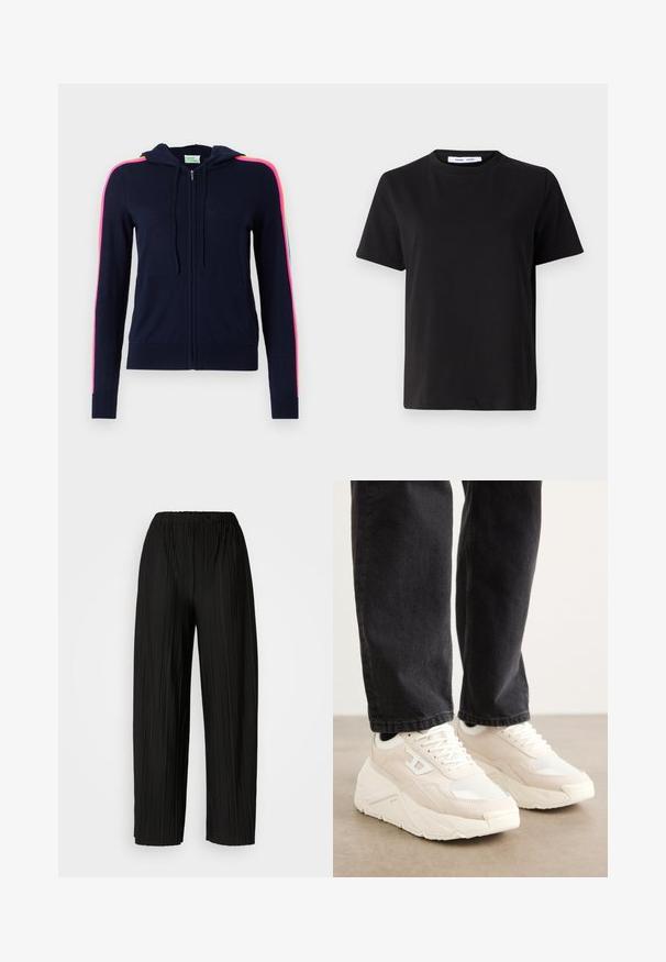 FROM FUTURE Vesta na kopčanje - navy; Crna kratka majica s kratkim rukavima od mekanog pamuka, s okruglim izrezom, opuštenim krojem i glatkom teksturom. Nema vidljivih uzoraka ili grafike.; Crne široke hlače s nabranim nogavicama i elastičnim pojasom. Tkanina ima vertikalne nabore i glatku teksturu.; Bež tene s gornjim dijelom od teksturiranog materijala i bijelim gumenenim potplatom. Ima minimalistički dizajn i suptilan logo detalj sa strane.