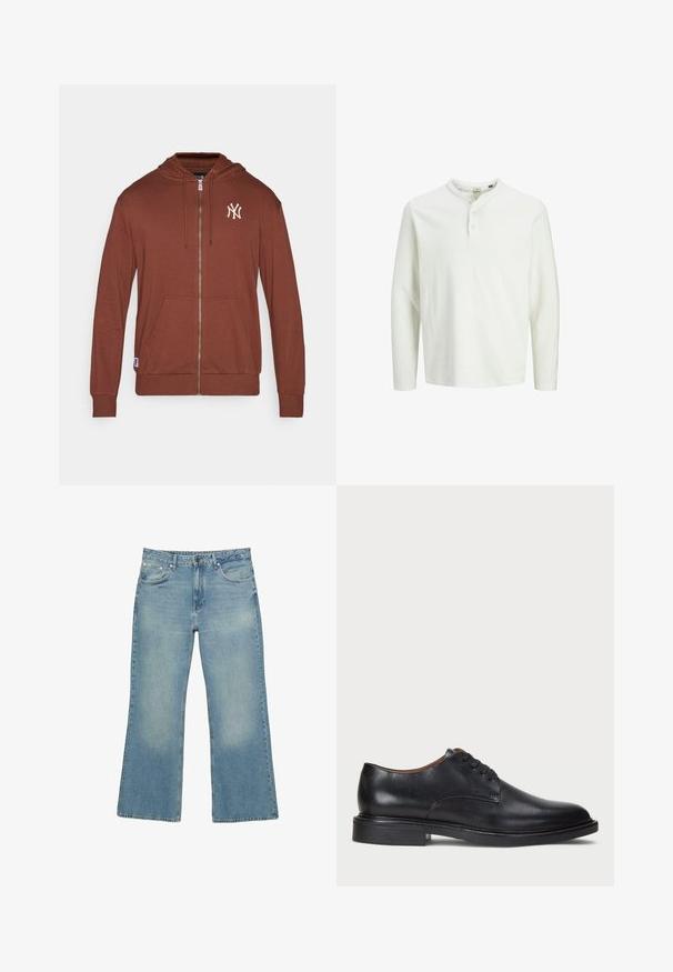 Brun zip-up hoodie i mjukt material med en känguruficka, huva med dragsko, och en vit New York Yankees-logotyp på bröstet.; Vit långärmad henleytröja med tre knappar och rund halsringning, visad mot en enkel vit bakgrund.; Ljusblå denimbyxor med vida ben, fem fickor, knappstängning och subtila blekningar, med rå fåll och robust sömnad.; Svart läderklänningsko med rund tå, snörning och låg staplad klack. Slät yta med minimala sömdetaljer.