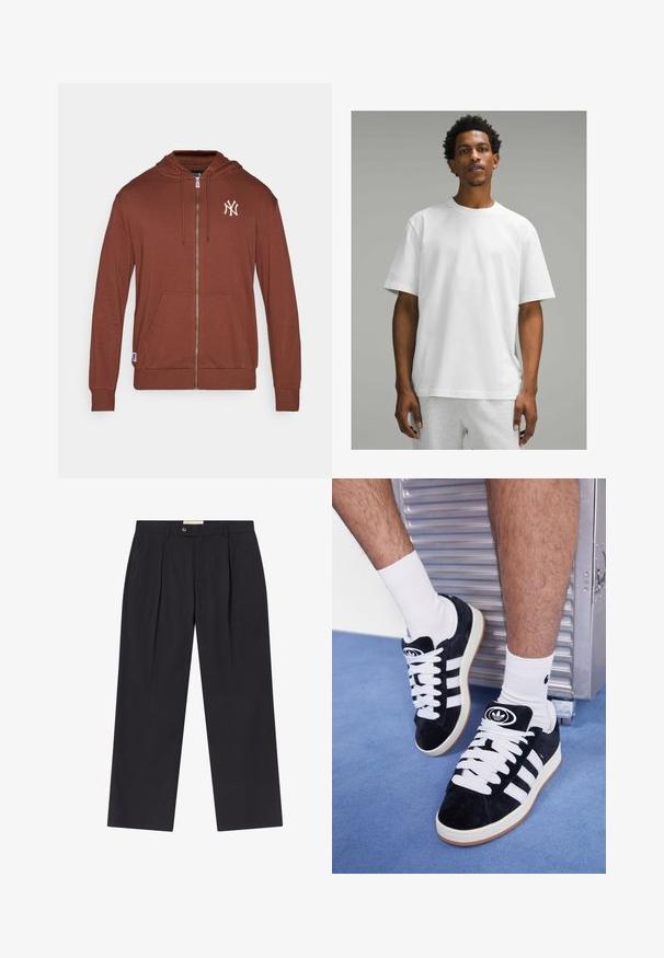 Rudas zip-up džemperis, pagamintas iš minkštos medžiagos, su kengūros kišene, kapuce su raišteliais ir balta Niujorko "Yankees" logotipu ant krūtinės.; Balta medvilninė marškinė su trumpomis rankovėmis, apvaliu kaklu, laisvu siluetu. Lygus paviršius, vienspalvis dizainas, be matomų raštų ar akcentų.; Tinkamai pritaikyti tamsiai mėlyni kelnes su aukštu liemeniu, dviem priekinėmis klostėmis, mygtukų uždarymu ir tiesiomis kojomis iš lygios medžiagos.; Juodos zomšos sportbačiai su baltais raišteliais ir trimis baltais dryžiais. Ant liežuvėlio yra apvalus juodas logotipas, o pado medžiaga – guminė.