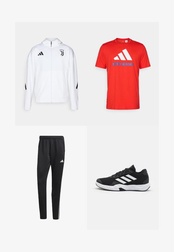 Balta sportinė švarkas su užtrauktuku priekyje, kapišonu ir juodais akcentais, su "Adidas" juostomis ir "Juventus" logotipu ant krūtinės.; Raudona medvilninė marškinė su balta trimis juostelėmis ir "BAYERN MÜNCHEN" mėlyna spalva. Apvalus kaklas ir trumpi rankovės, paprastas dizainas.; Juodos sportinės kelnes su tampriu juosmeniu, baltomis šoninėmis juostelėmis ir mažu baltu logotipu ant šlaunies. Pagamintos iš sklandžios, lengvos medžiagos.; Juodi sportiniai batai su tekstūruotu tinkliniu paviršiumi, baltais akcentų dryžiais, paminkštintu padu ir sustiprintu kulnu paramai.