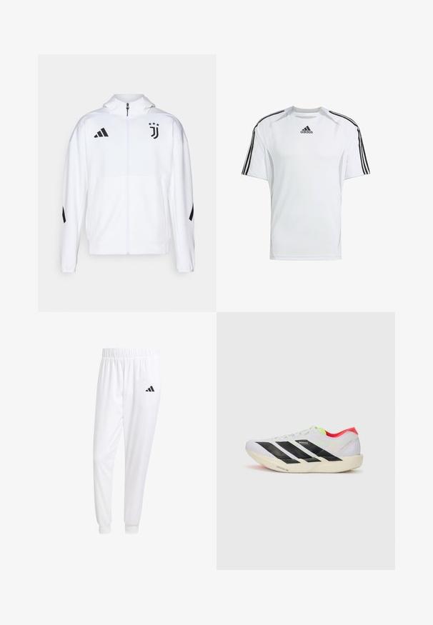 Chaqueta deportiva blanca con cremallera frontal, capucha y acentos negros, con franjas de Adidas y un logo de la Juventus en el pecho.; Camiseta atlética de manga corta blanca con acentos en negro de las tres rayas de Adidas en los hombros, hecha de una tela suave y ligera.; Pantalones deportivos blancos de tela suave, con cinturilla elástica y puños ajustados, y un logo negro en el bolsillo trasero.; Zapatilla de running blanca con franjas negras, detalles en verde neón y un talón rojo. Presenta un diseño ligero y una suela texturizada para un mejor agarre.