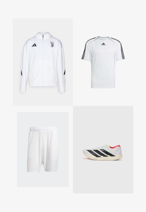 Hvit sportsjakke med glidelås foran, hette og svarte detaljer, med Adidas-striper og Juventus-logo på brystet.; Hvit kortermet treningsskjorte med svarte Adidas tre-stripes detaljer på skuldrene, laget av glat og lett stoff.; Hvite treningsshorts laget av lett stoff, med elastisk midje, glatt tekstur og knelengde.; Hvite joggesko med svarte striper, neongrønne detaljer og rød hæl. Har et lett design og teksturert såle for grep.